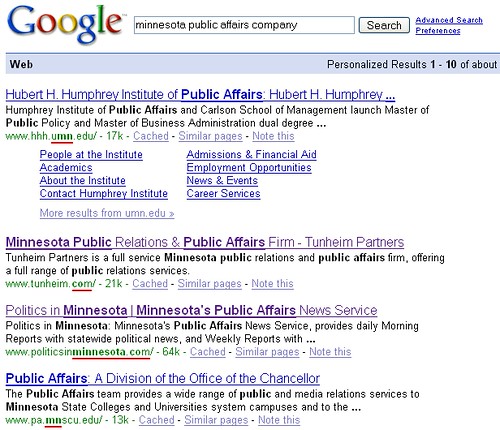 A Google search results page from 2008 showing a list of ranked organic results with blue links and snippets