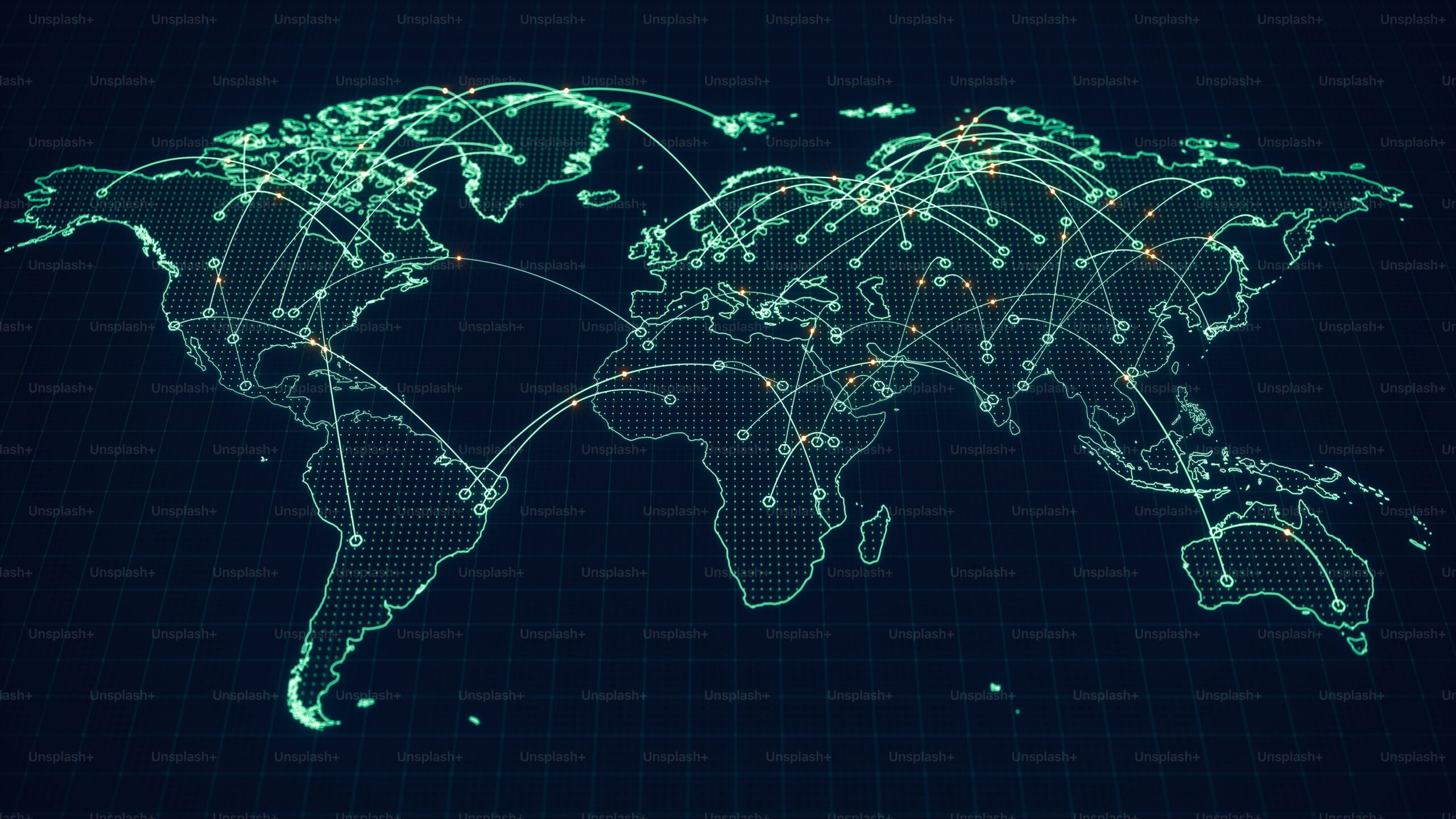 Credit: Unsplash+ contributor, Unsplash License, via Unsplash Abstract digital world map with connection arcs between points