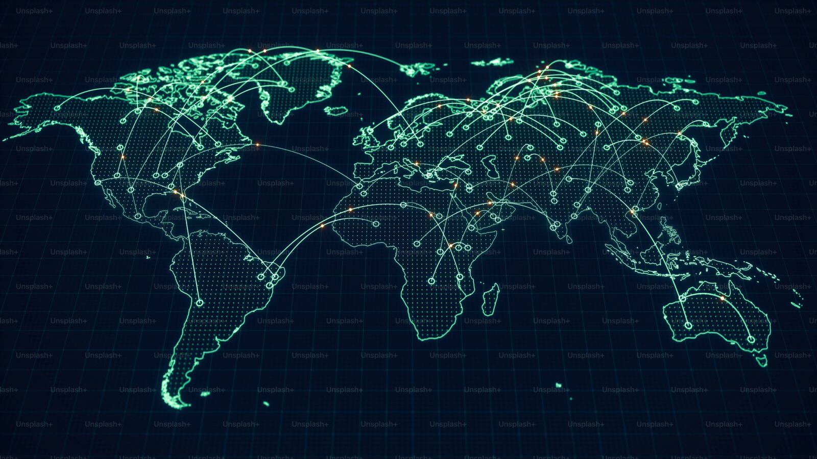 A digital world map overlaid with glowing connection arcs between points, illustrating a global edge network